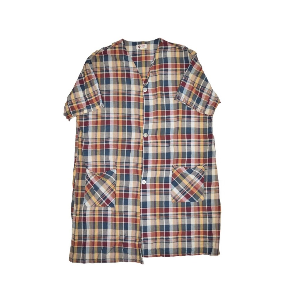 Vintage BVD Shirt Mens XL Plaid Lounger V Neck Lightweight Robe Button Front